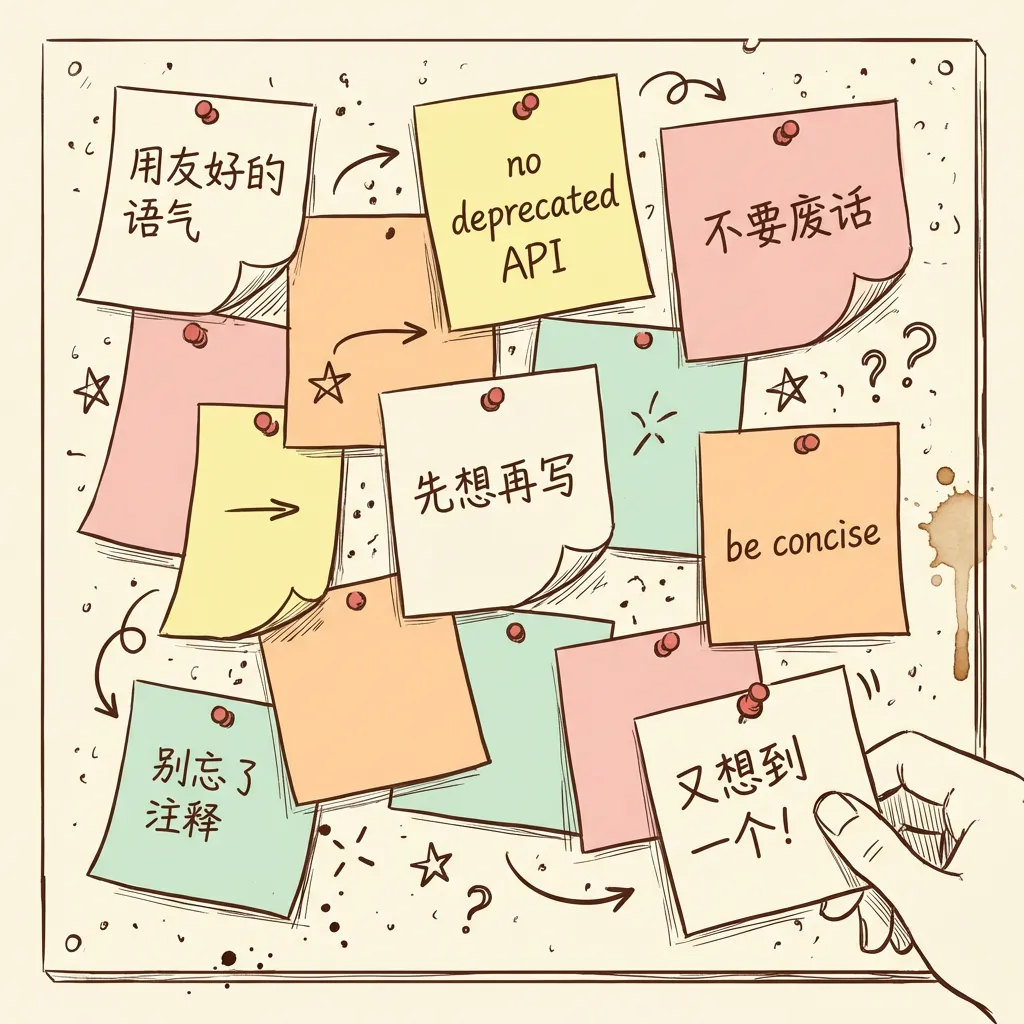 杂乱的便利贴墙，代表零散的 prompt 时代