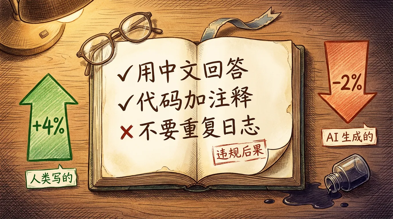 翻开的员工手册，旁边标注 +4% 和 -2% 的数据对比