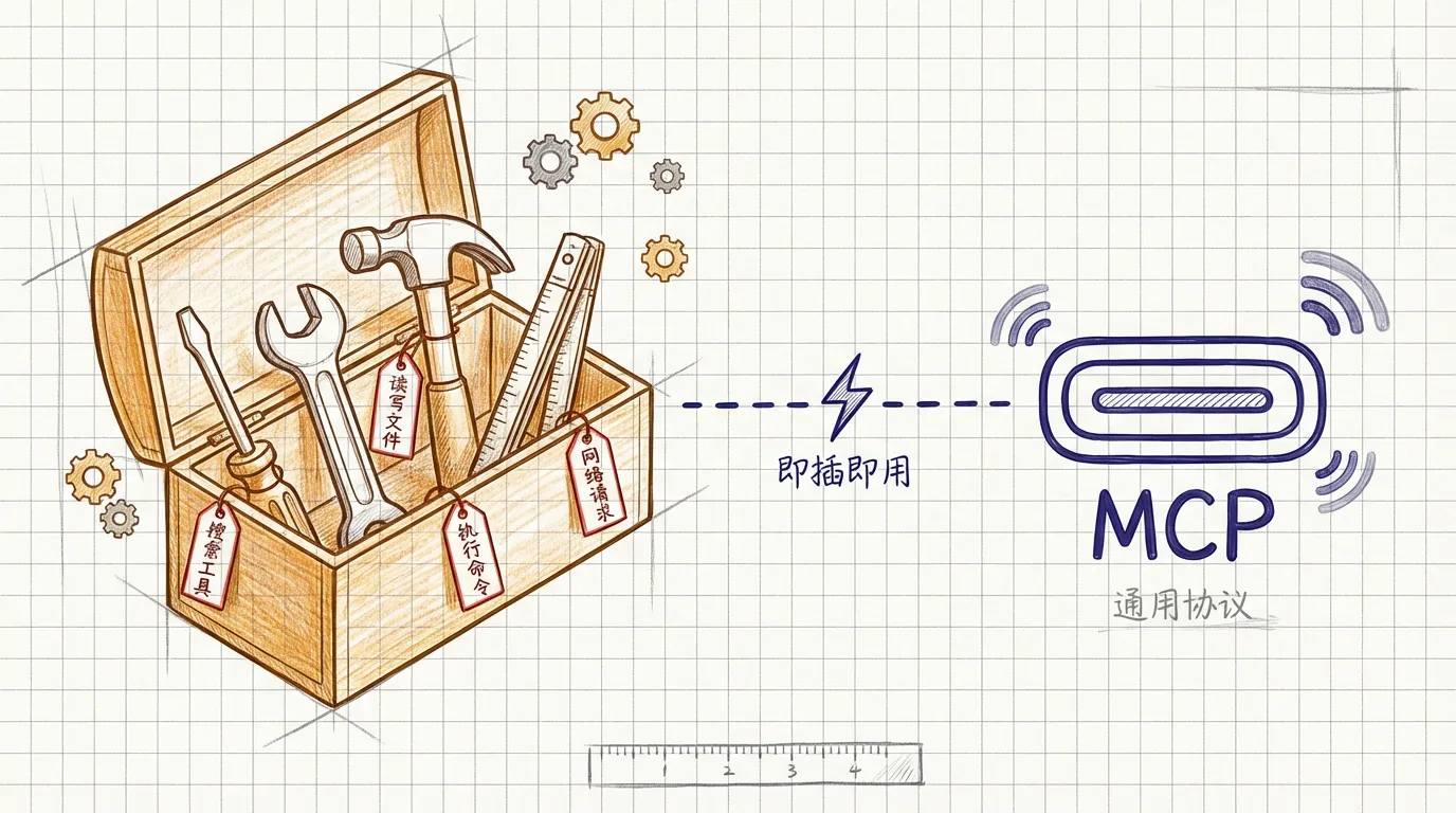 标准化工具箱（Skills）+ USB-C 接口（MCP），虚线连接两者