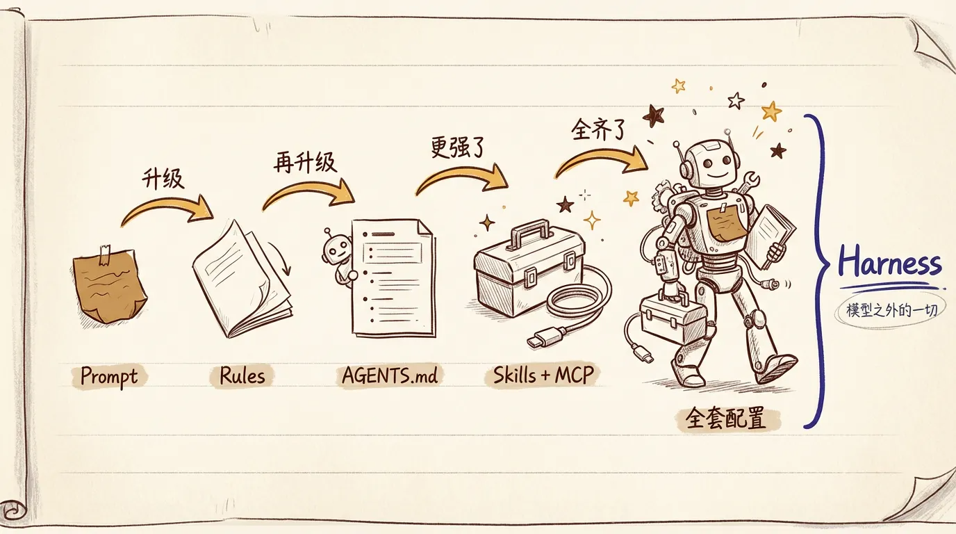 从便利贴到全套装备的演进全景图，大括号标注 Harness