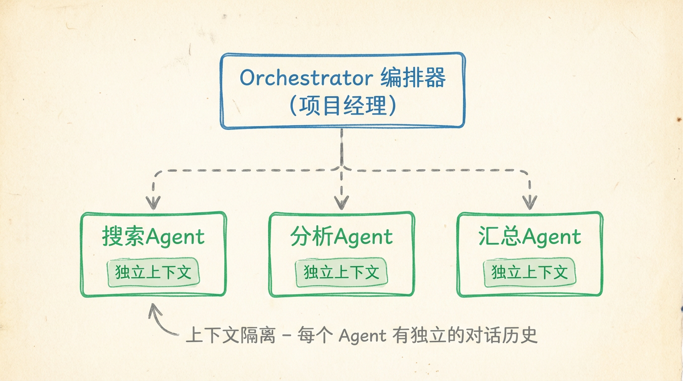 编排器-子 Agent 架构：编排器分配任务给搜索、分析、汇总三个子 Agent