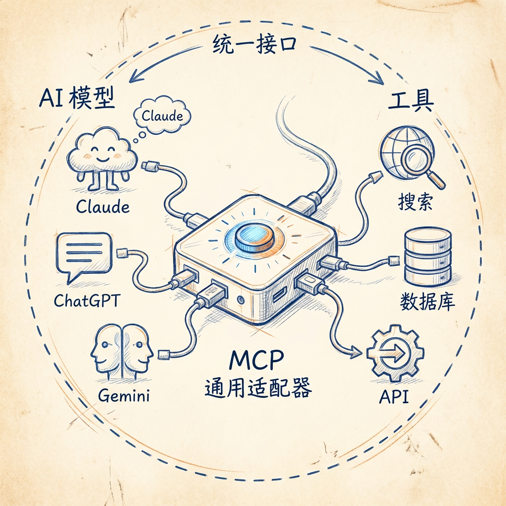 MCP 统一接口：多种 AI 模型通过 MCP 连接多种工具，一次构建到处运行