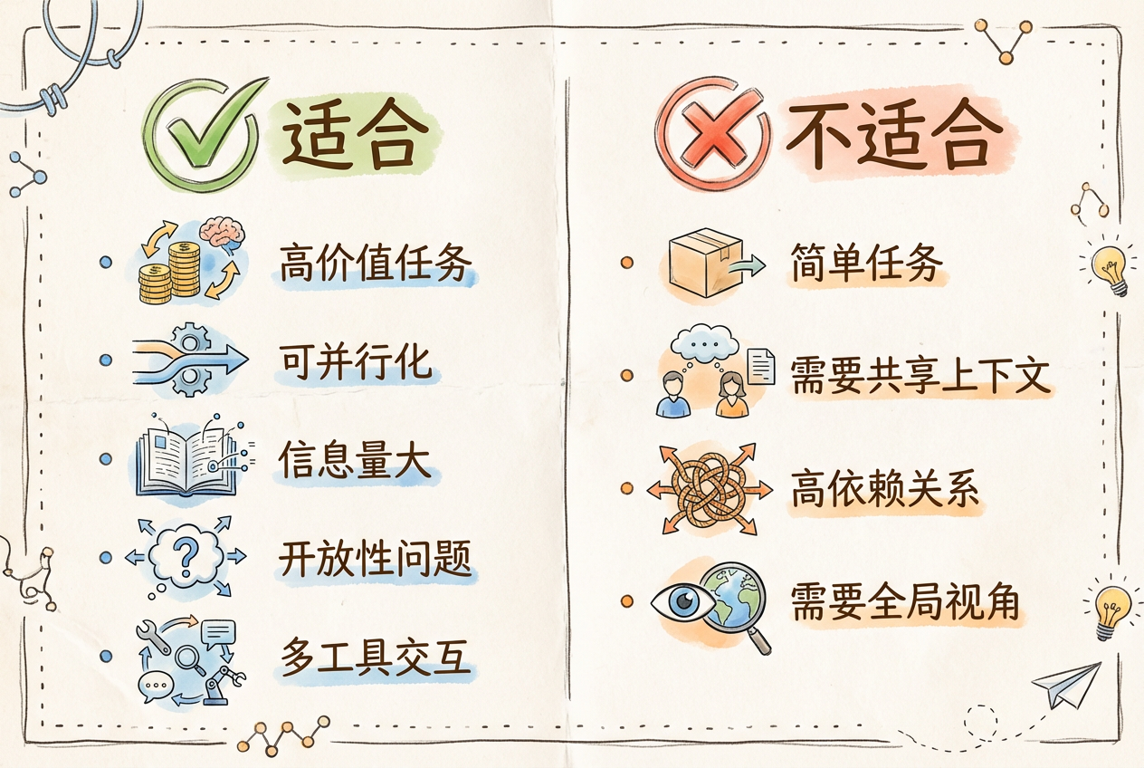 适合 vs 不适合：左边是适合的场景，右边是不适合的场景