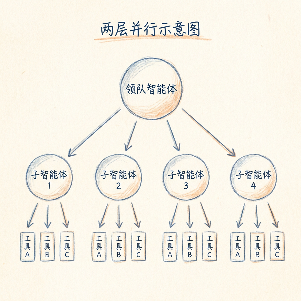 两层并行：Lead Agent 层和 Sub-Agent 层同时并行，时间节省显著