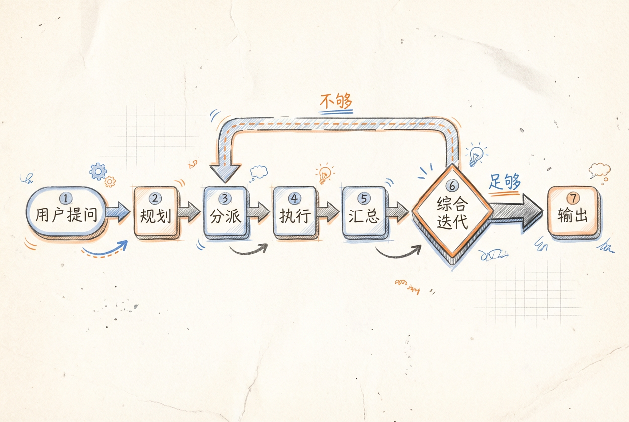 七步工作流：从用户提问到最终输出，中间经历规划、分派、执行、汇总、综合迭代