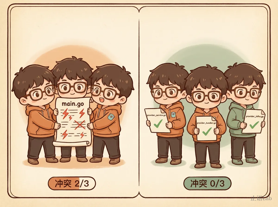 团队协作冲突对比——手动DI侧三人改同一文件红色冲突密集，Wire侧三人各改各的绿色独立