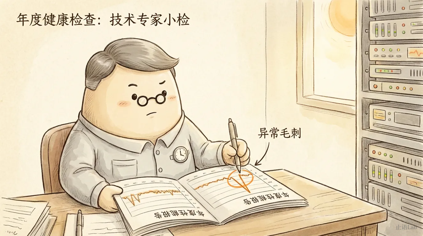 小检翻年度性能报告，圈出长时间序列折线上的异常毛刺