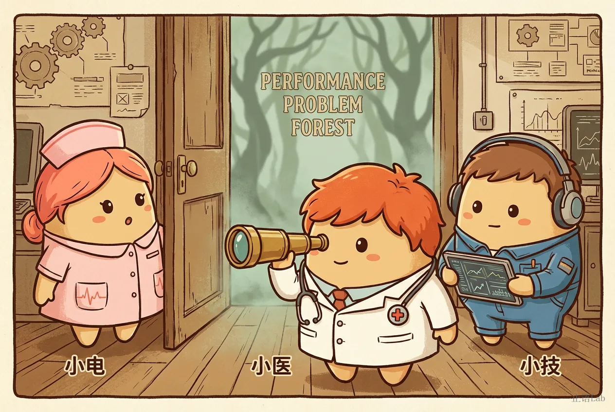 三个角色站在半开的门前，门外是模糊的性能问题森林