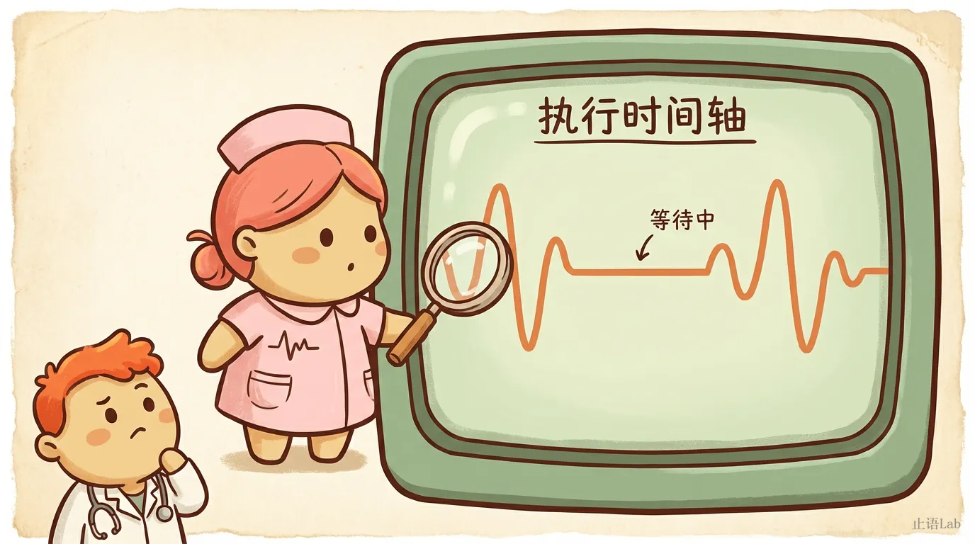 小电用放大镜指着时间轴上的等待段，小医在一旁疑惑